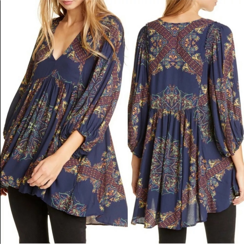 Free People Girl Talk navy flowy boho tunic small size small new with tags